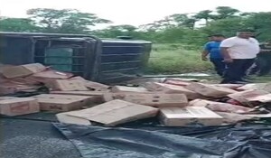 Rajsamand: शराब की पेटियों से भरी पिकअप टायर फटने से पलटी, हादसे में चालक घायल
